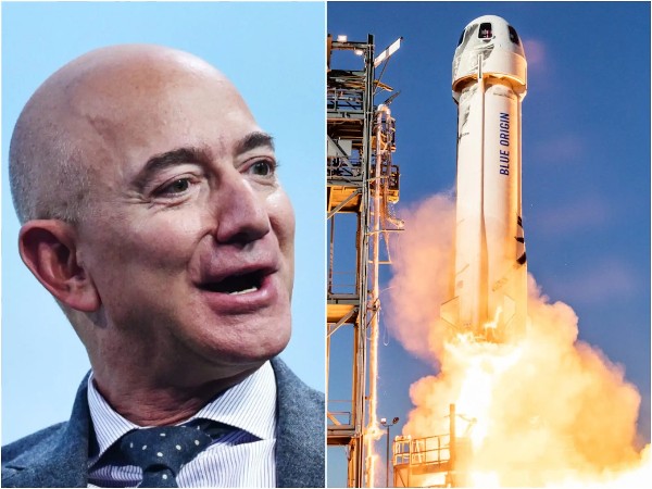 Jeff Bezos looks at his prick shaped rocket